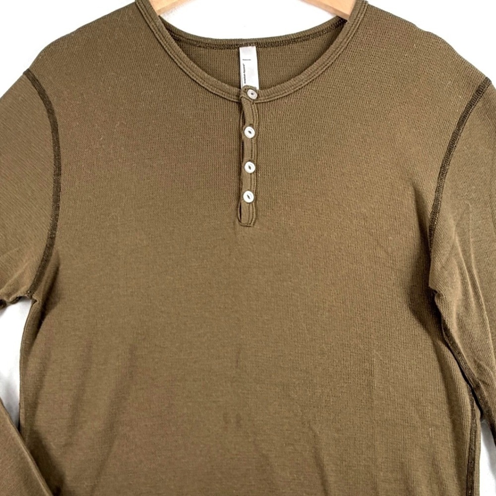 American Apparel Mens XL Baby Thermal Henley Dexter Kill Room Shirt Green Brown - Picture 3 of 9